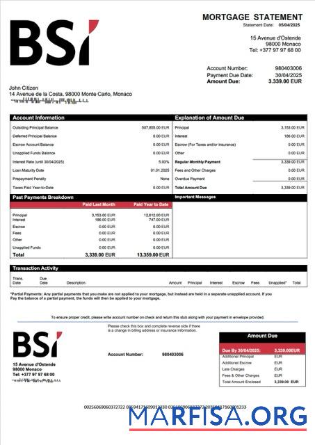 Downloadable Monaco BSI Monaco mortgage statement Word and PDF template